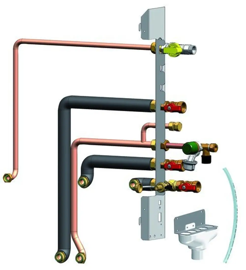 Plattenbündel mit Kupfer- und Kunststoffrohren, ausgestattet mit verschiedenen Armaturen. Produkt von Remeha, geeignet für Gasanschlüsse.
